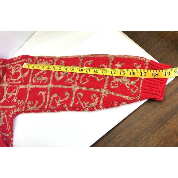 Vtg 80s Adele Boho Christmas All Over ABC Print Knit Sweater Gold/red Sz M - Picture 10 of 10